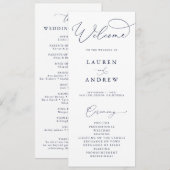 Navy Blauw & Wit Minimalistische bruiloft Programmakaart (Voorkant / Achterkant)