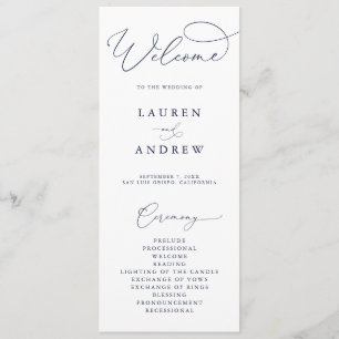 Navy Blauw & Wit Minimalistische bruiloft Programmakaart