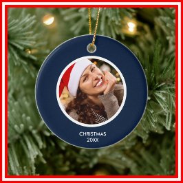 Navy Blauw & Wit | Modern Initialen Monogram FOTO Keramisch Ornament