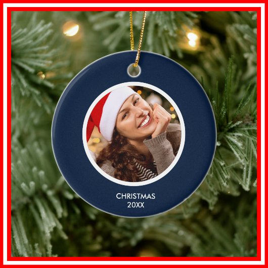 Navy Blauw & Wit | Modern Initialen Monogram FOTO Keramisch Ornament