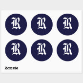 Navy Blauw & Wit Monogram Initiaal afdichtingen "R Ronde Sticker (Vel)