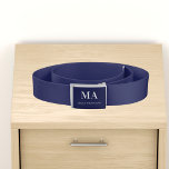 Navy blauw wit monogram initialen naam minimalist riem<br><div class="desc">Een klassieke chique marineblauwe achtergrond. Personaliseer en voeg uw monogram initialen en jouw naam toe. Modern,  trendy en eenvoudig. Witte tekst.</div>