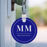 Navy blauw wit monogram initialen naam minimalist sleutelhanger<br><div class="desc">Een marineblauwe achtergrond,  witte tekst. Met een wit lijst. Personaliseer en voeg uw monogram initialen en naam toe. Zowel voor hem als voor haar.</div>