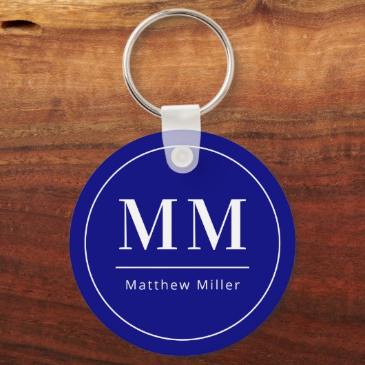 Navy blauw wit monogram initialen naam minimalist sleutelhanger (Voorkant)