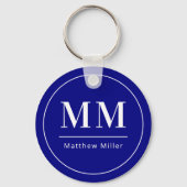 Navy blauw wit monogram initialen naam minimalist sleutelhanger (Achterkant)