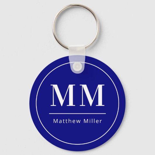 Navy blauw wit monogram initialen naam minimalist sleutelhanger (Achterkant)