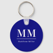 Navy blauw wit monogram initialen naam minimalist sleutelhanger (Voorkant)