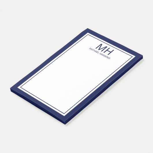 Navy Blauw Wit Monogrammed Mannen Post-it® Notes (Schuin)
