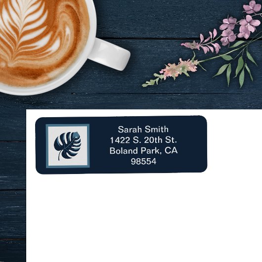 Navy Blauw & Wit Monstera Leaf Retouradres Etiket