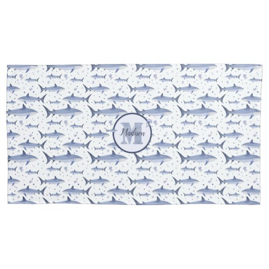 Navy blauw & wit naam + Waterverf monogram haai Kussensloop (Voorkant-Links)