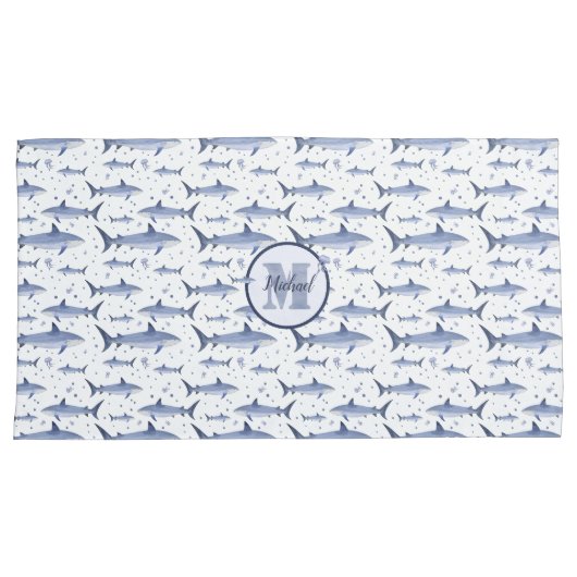 Navy blauw & wit naam + Waterverf monogram haai Kussensloop (Voorkant-Rechts)