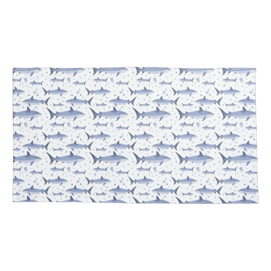 Navy blauw & wit naam + Waterverf monogram haai Kussensloop (Achterkant-Links)