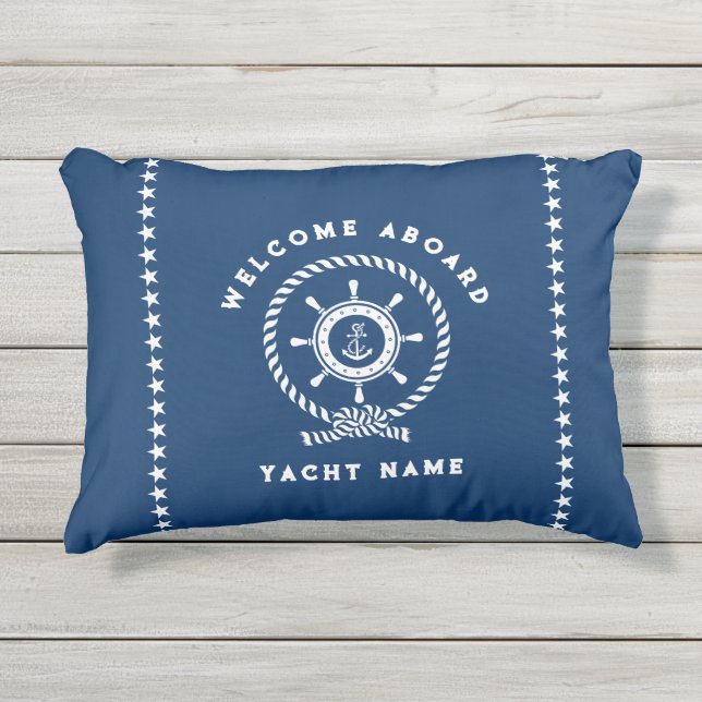 Navy Blauw Wit Nautische Boat Wheel Knot Sterren Buitenkussen (Voorkant)