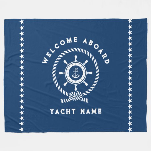 Navy Blauw Wit Nautische Boat Wheel Knot Sterren Fleece Deken (Voorkant (Horizontaal))