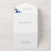 Navy Blauw Wit Perzik Bloemen Kalligrafie Bruiloft All In One Uitnodiging (Buitenkant)