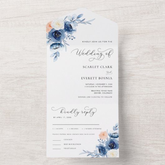 Navy Blauw Wit Perzik Bloemen Kalligrafie Bruiloft All In One Uitnodiging (Binnen)