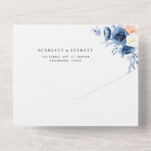 Navy Blauw Wit Perzik Bloemen Kalligrafie Bruiloft All In One Uitnodiging (Achterkant)