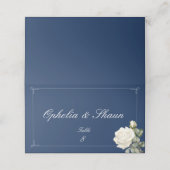 Navy Blauw Wit Rose Bruiloft Gevouwen Plaats Kaart Plaatskaartje (Buitenkant ongevouwen)