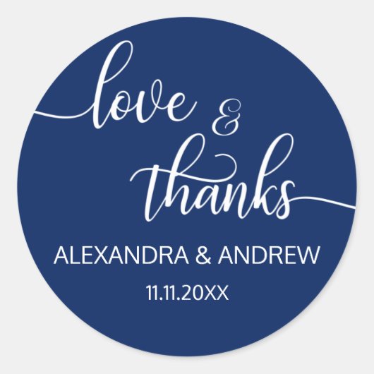 Navy Blauw Wit Script Bruiloft Liefde & Bedankt Ronde Sticker (Voorkant)