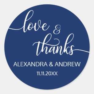 Navy Blauw Wit Script Bruiloft Liefde & Bedankt Ronde Sticker
