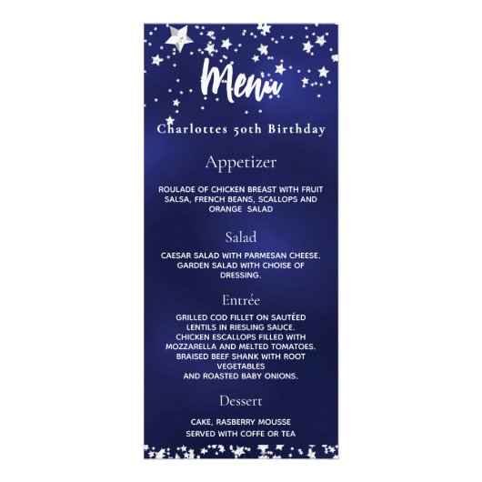 Navy blauw wit sterren verjaardagsmenu reclamekaart (Voorkant)