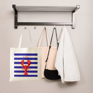 Navy blauw wit strepen rode kreeft naam tote bag