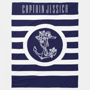 Navy Blauw & Wit Stripes Nautische Bloemen Anker Fleece Deken
