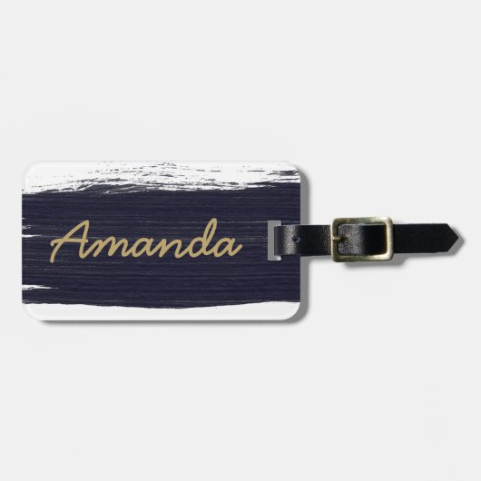 Navy blauw wit waterverf penseelstreken monogram bagagelabel (Voorkant horizontaal)
