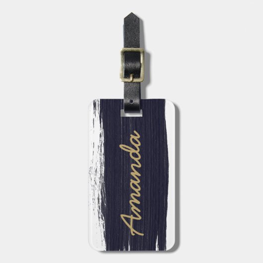 Navy blauw wit waterverf penseelstreken monogram bagagelabel (Voorkant verticaal)