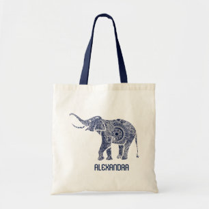 Navy Blauw & Wit  wervelt Olifant Monogram Tote Bag