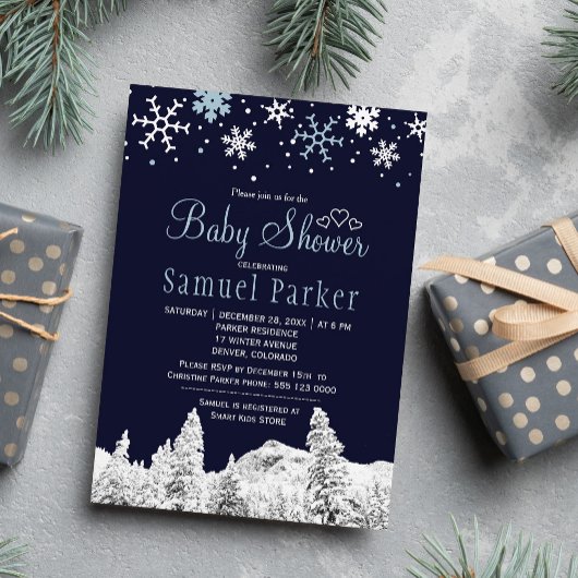 Navy blauw wit wonderland winter baby shower kaart