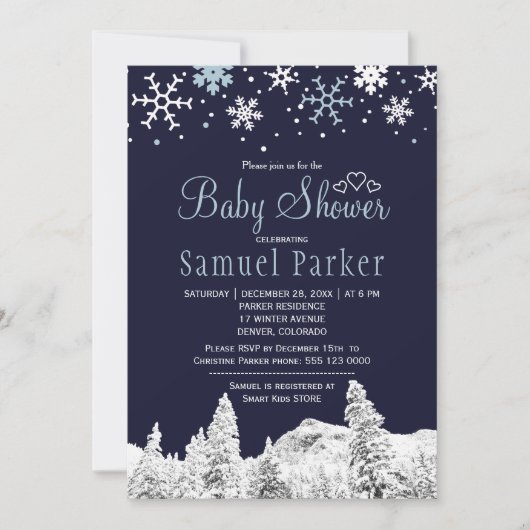 Navy blauw wit wonderland winter baby shower kaart (Voorkant)
