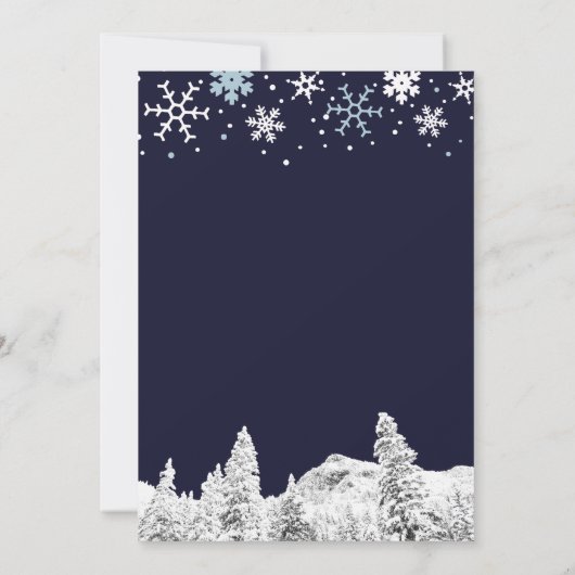 Navy blauw wit wonderland winter baby shower kaart (Achterkant)
