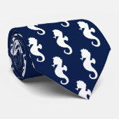 Navy blauw wit zeepaardpatroon stropdas (Opgerold)