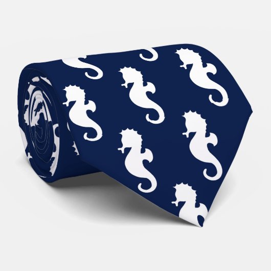 Navy blauw wit zeepaardpatroon stropdas (Opgerold)