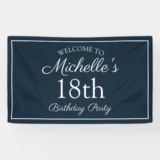 Navy Blauw Witte 18e Verjaardagsfeestje Spandoek (Horizontaal)