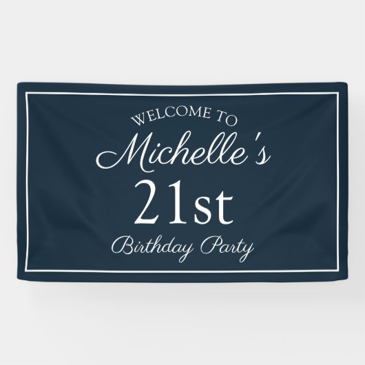 Navy Blauw Witte 21e Verjaardagsfeest Spandoek (Horizontaal)