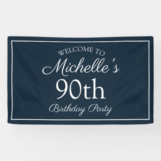 Navy Blauw Witte 90ste Verjaardagsfeest Spandoek (Horizontaal)