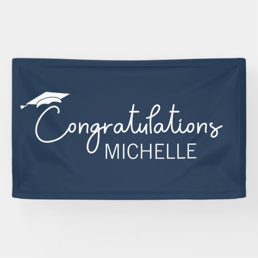 Navy Blauw Witte Afstuderen Gefeliciteerd Spandoek (Horizontaal)