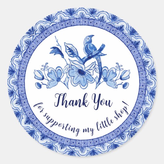 Navy Blauw Witte Aziatische Chinoiserie Dank Je We Ronde Sticker (Voorkant)