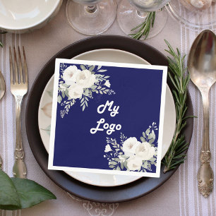 Navy blauw witte bloemen business logo servet