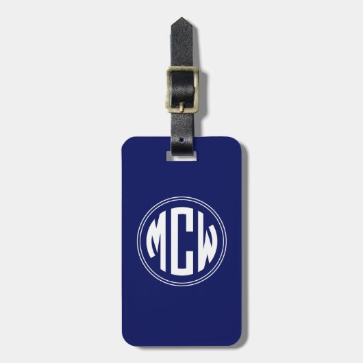 Navy Blauw Witte Cirkel Monogram DIY Achtergrond Bagagelabel (Voorkant verticaal)