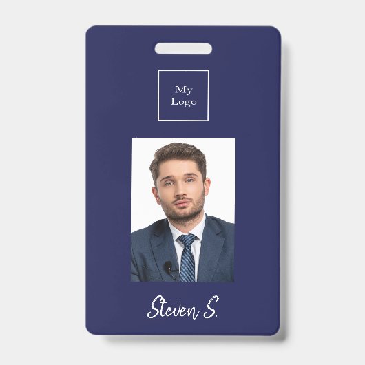 Navy blauw witte foto naam bedrijfslogo badge (Voorzijde)