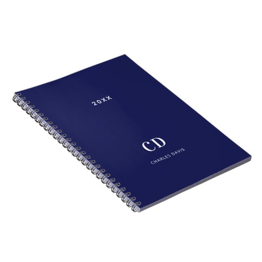 Navy blauw witte monogram naam minimalistisch notitieboek (Rechterzijde)
