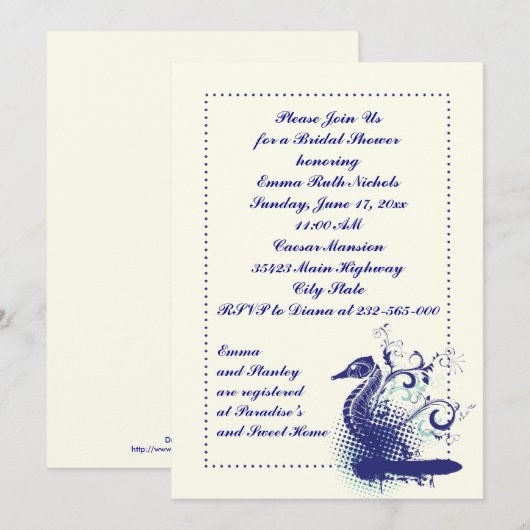 Navy blauw zeepaardje op ivoor bruiloft vrijgezell kaart (Voorkant / Achterkant)