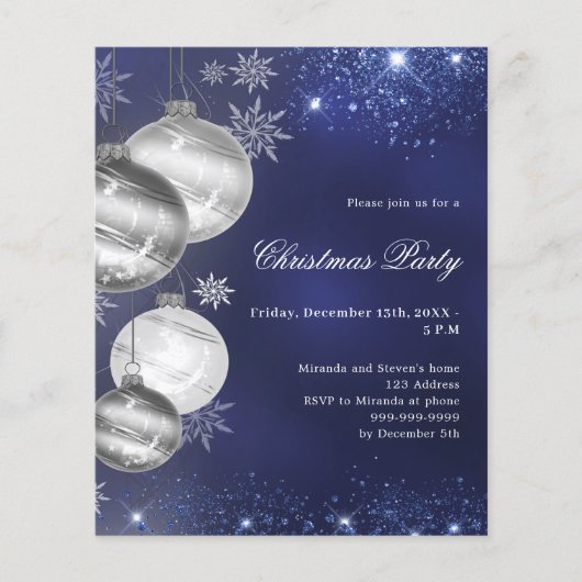 Navy blauw zilver bauble kerstfeest uitnodiging (Voorkant)