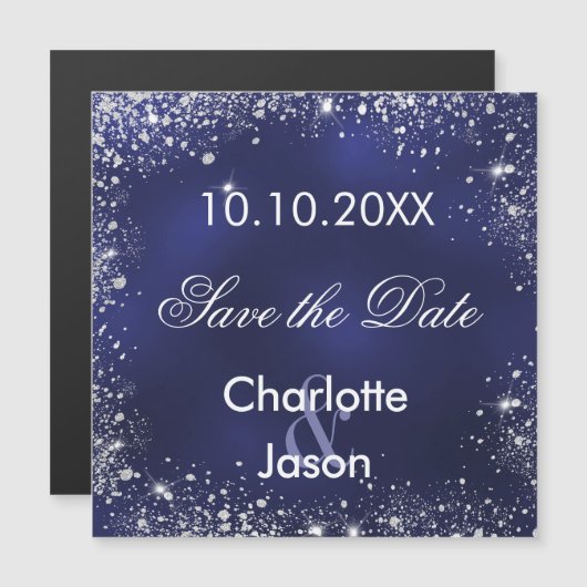Navy blauw zilver bruiloft Save the Date magneet (Voorkant / Achterkant)