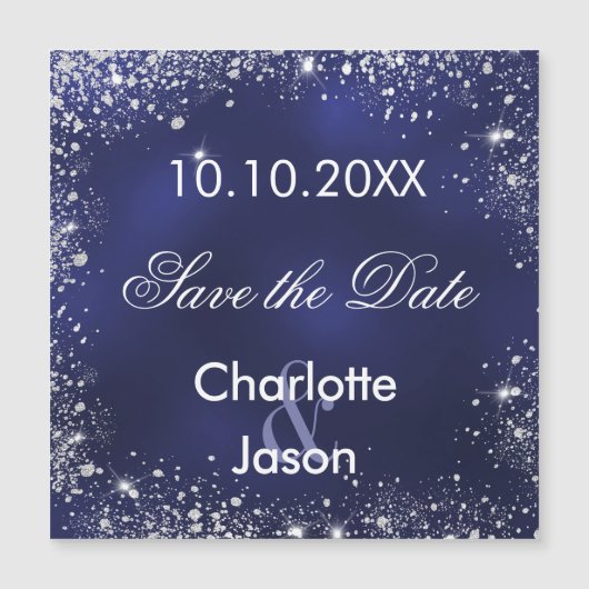 Navy blauw zilver bruiloft Save the Date magneet (Voorkant)