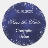 Navy blauw zilver bruiloft Save the Date Ronde Sticker (Voorkant)