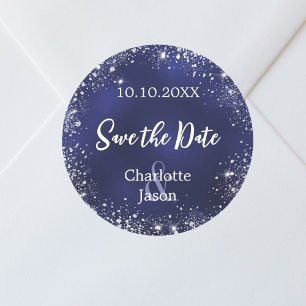 Navy blauw zilver bruiloft Save the Date Ronde Sticker